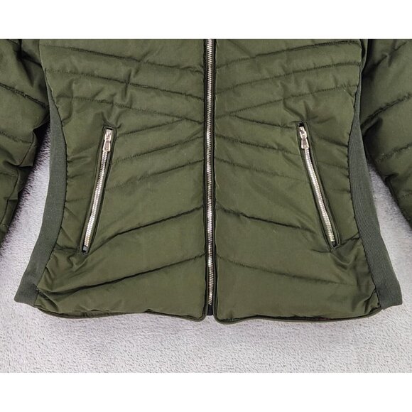 Snobbish Puffer Jacket Womens Large Olive Green Black Faux Fur Hooded Full Zip - Picture 8 of 16